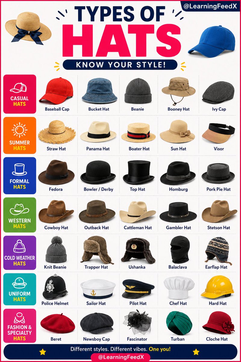 LearningFeedX's tweet photo. Types of Hats 🧢🎩👒 https://t.co/GIV8SuXpFh