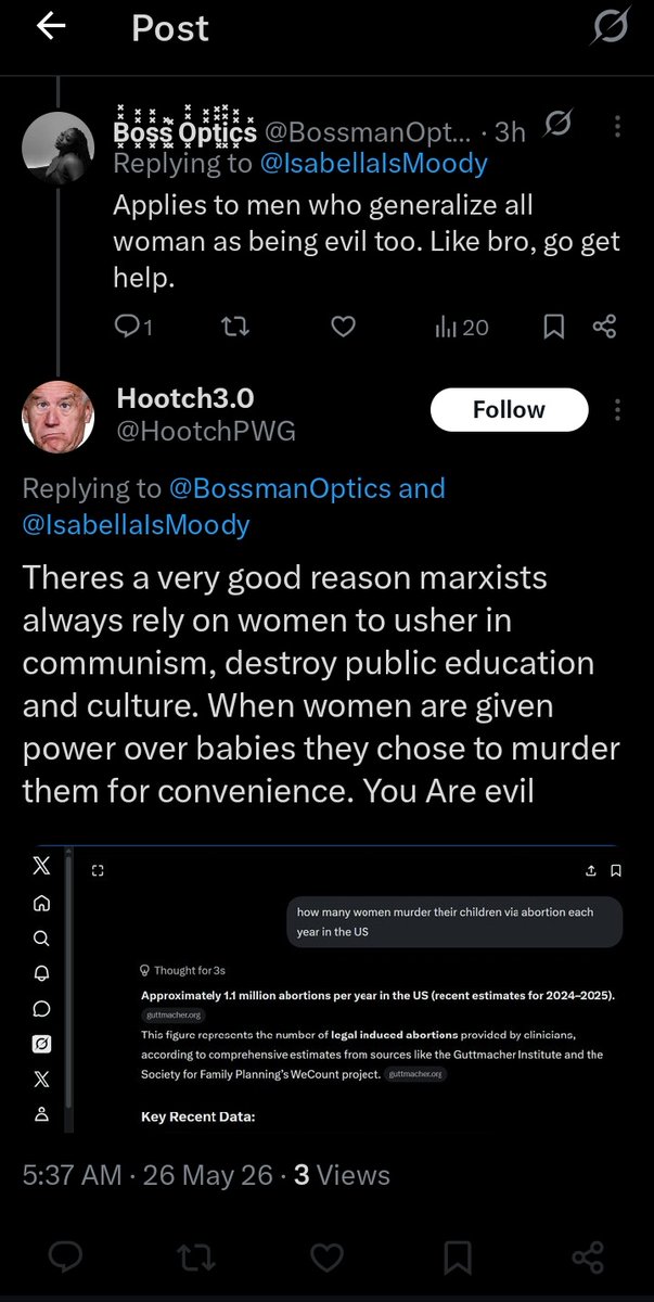 BossmanOptics's tweet photo. Always blaming women for abortion is very funny. As if men haven't paid women to have abortions before, encouraged it even or directly be responsible for why the abortion is happening in the first place. But no. It's only evil when a woman has one?

Demented retard. https://t.co/wEQGIP1wer