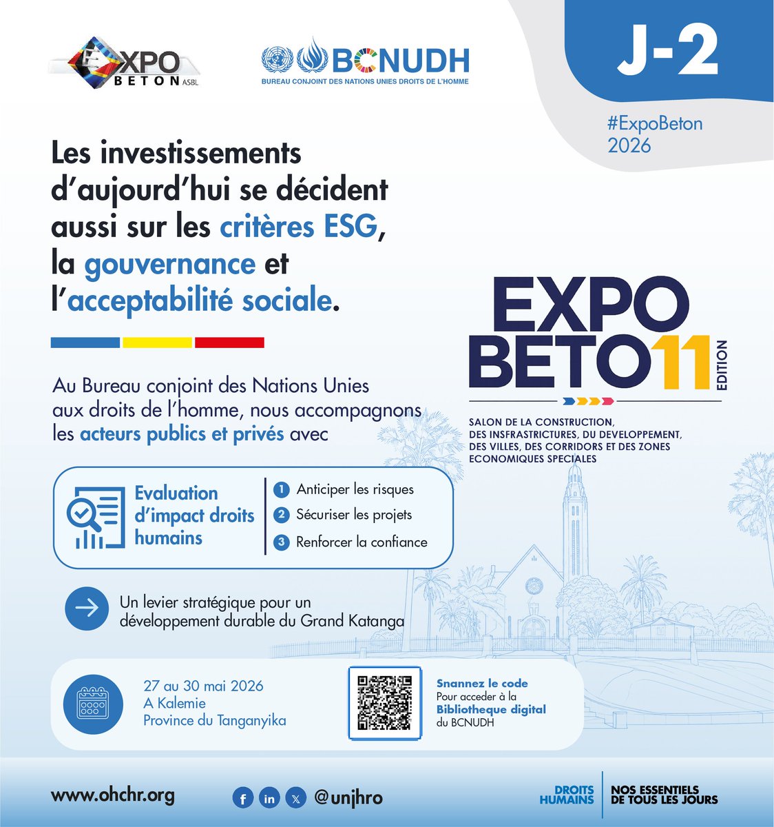 unjhro's tweet photo. JOUR J-2

Le Grand Katanga au cœur des transformations économiques mondiales.

Les investisseurs se décident sur les critères ESG, la gouvernance et l'acceptabilité sociale. 

#ExpoBeton2026, 
📍 Kalemie, Tanganyika
📅 27–30 mai 2026

@ONURDCongo https://t.co/OyMc9srazp