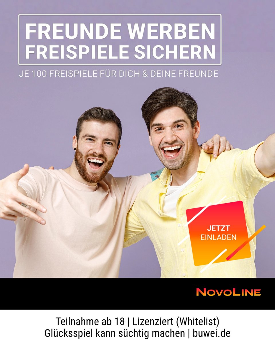 novolineDE's tweet photo. Wie viele Freunde hast Du schon für NOVOLINE begeistern können? Und für jeden weiteren gibt es jetzt 100 Freispiele geschenkt - für BEIDE! 🔥

Alle weiteren Infos findest Du unter: https://t.co/c6q488FivR

#novoline #werbeeinenfreund #freunde #bonus #freispiele https://t.co/InqCBGsUsq