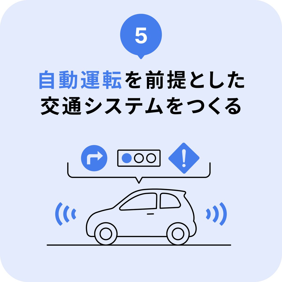 JAMA_jpn's tweet photo. 【新 #７つの課題】5⃣ 自動運転を前提とした交通システムをつくる 
 
クルマ･人･インフラの三位一体で 
自動運転社会の構築を目指します🚗 🛜 https://t.co/c7JqHNo1dn