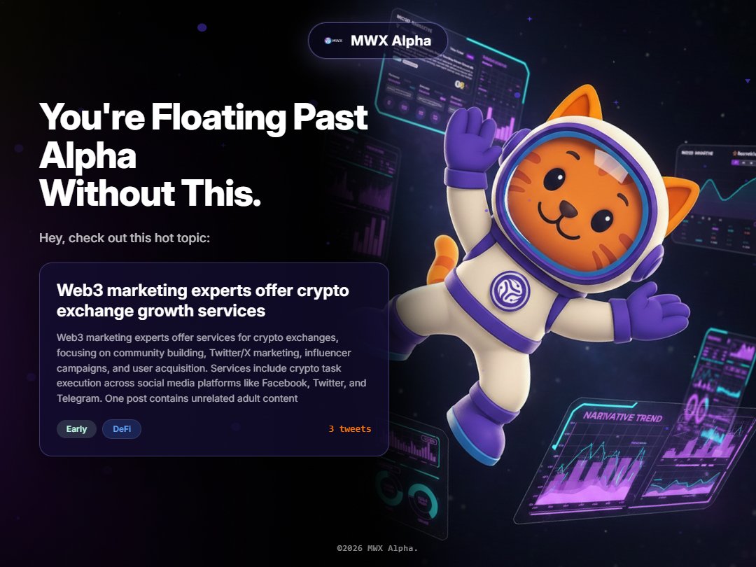 JohnWeekfan's tweet photo. Web3 marketing experts offer crypto exchange growth services! MWX Alpha highlights their focus on community building, X marketing, and user acquisition. Services include crypto task execution across platforms like Telegram &amp; Facebook. #MWXAlphaContest
https://t.co/E3GYpEiptO https://t.co/6BC1hr5H35