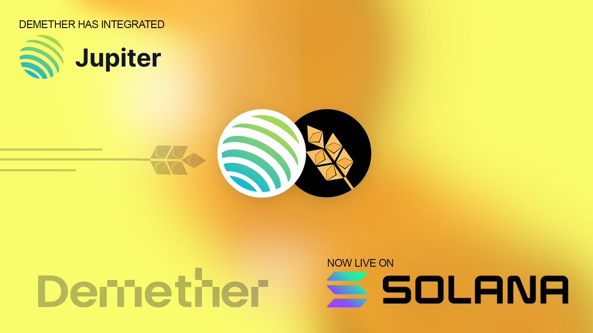 DemetherDeFi's tweet photo. We’re partnering with @JupiterExchange to bring smarter swaps to @solana! 

@demetherdefi leverages Jupiter in the backend to power optimized swaps and routing, providing users with efficient trading and liquidity access across Solana.

Try the app at https://t.co/ohGb1PB25w and let us know what you think!