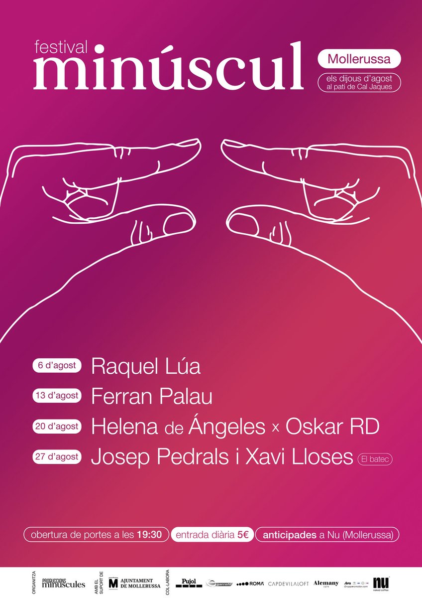 FestMinuscul's tweet photo. 🫀 SOM PART D’UN BATEC

Els dijous 6, 13, 20 i 27 d’agost viu la cinquena edició del Festival Minúscul amb
🌱 Raquel Lúa
☁️ Ferran Palau
💫 Helena de Ángeles i Oskar RD
🎙️ Josep Pedrals i Xavi Lloses

🎟️ Entrades a Nu (Mollerussa).
Més info a https://t.co/fDGsjv2fBM https://t.co/aRqATpVgBz