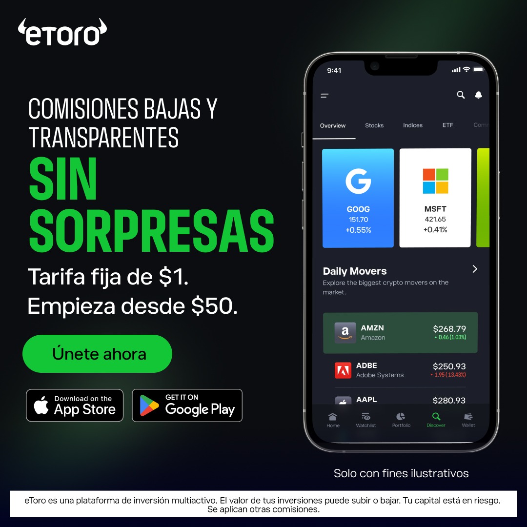 eToro's tweet photo. Lo que ves es lo que pagas 👀 Sin costes ocultos | 7.000+ acciones globales | 20+ mercados | Empieza con solo 50 $ | Invierte en USD, EUR o GBP | ¡Empieza hoy!