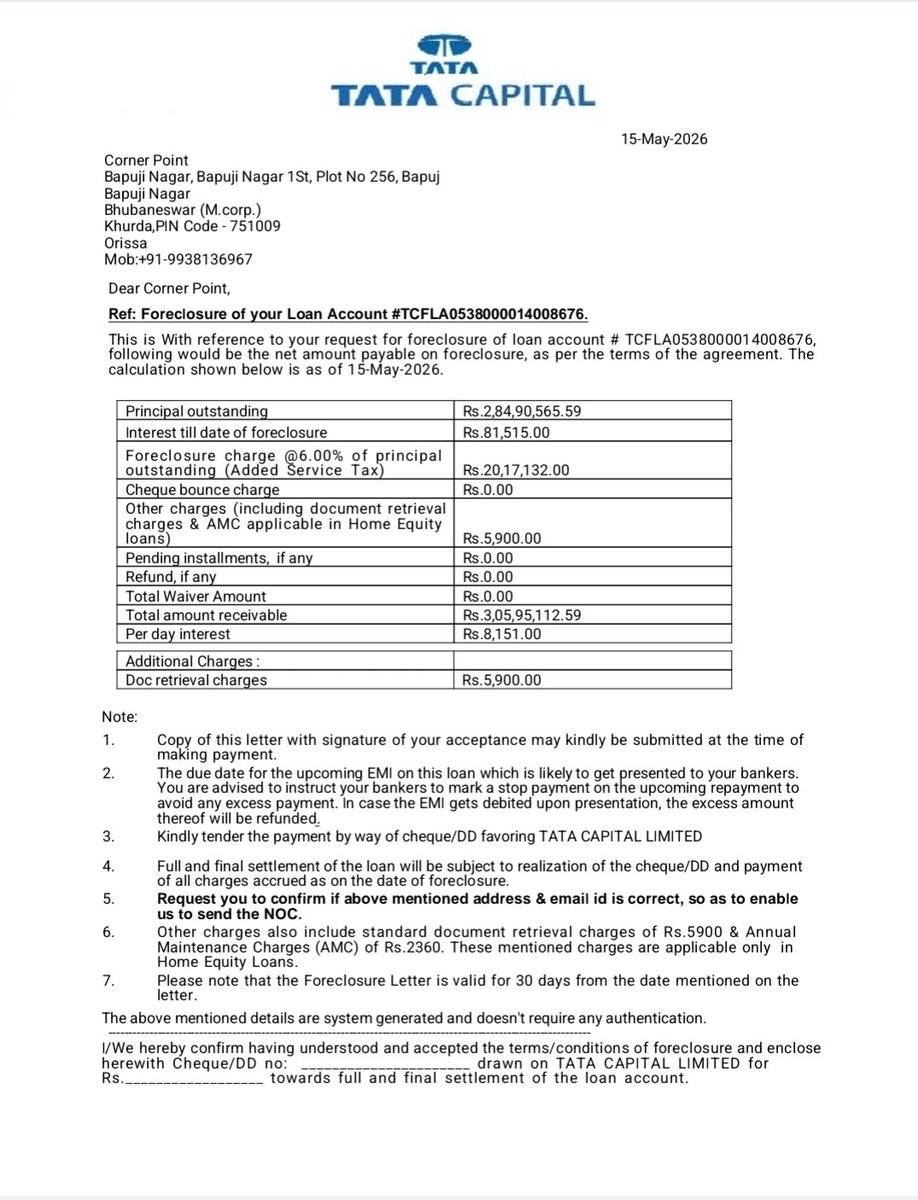 surajpapu3's tweet photo. I'm seeking clarification from @TataCapital and regulators regarding foreclosure charges on my MSME business loan. I had a ₹295 lakh LAP loan with a floating interest rate. After Tata Capital denied my top-up, I switched lenders but was hit with a 6% foreclosure fee.@RBI https://t.co/VKEBZlgCHU