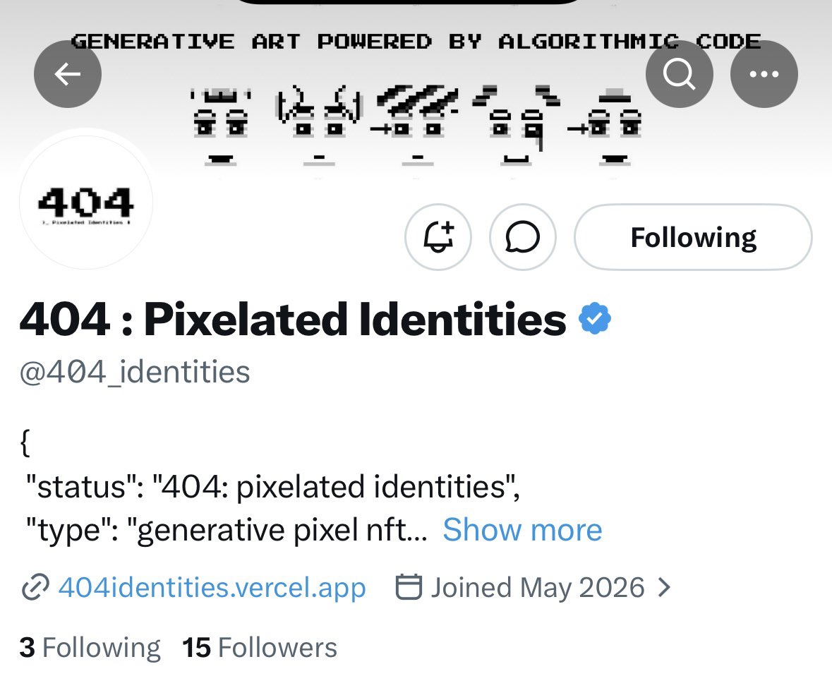 ZORO_tegg1's tweet photo. Early alpha 🚨

@404_identities 

Currently at 15 followers 

Supply - 404
Chain - ETH
Mint Price - Free 
Launchpad - TBA 

Generative art via Javascript x Al Agentic
Which makes me more bullish on this project 
 
Founder @itsdizcorvus 

Terminal is live : https://t.co/O602WoWCnw https://t.co/cOwwdIS0Dj