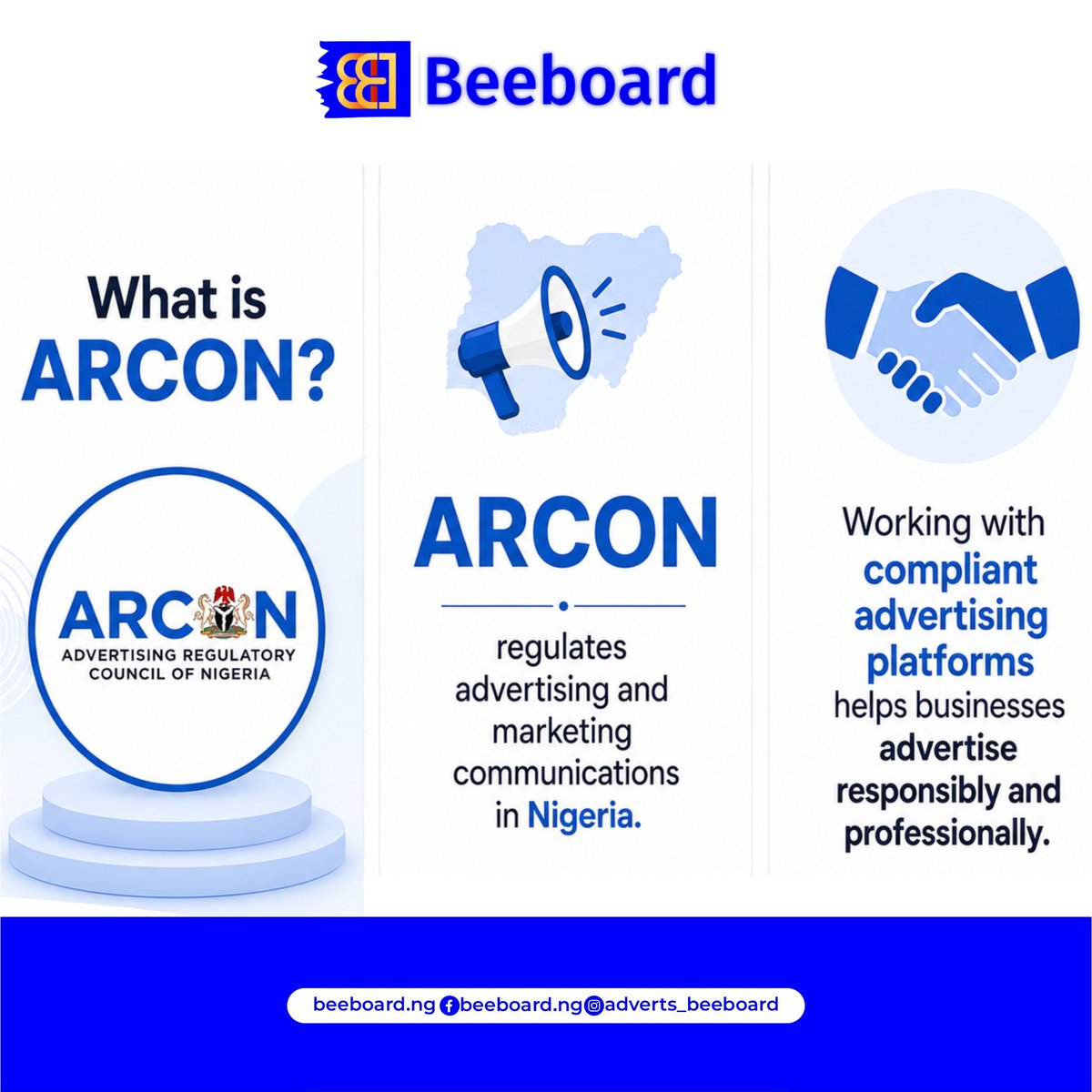 BeeBoardng's tweet photo. Understanding Advertising Regulatory Council of Nigeria  (ARCON) matters for every modern brand.

As advertising evolves digitally, businesses need platforms that follow approved standards, compliance, and ethical practices to build lasting trust.

https://t.co/bwKvVgSk5A

#ARCON https://t.co/lBquIbd1DC