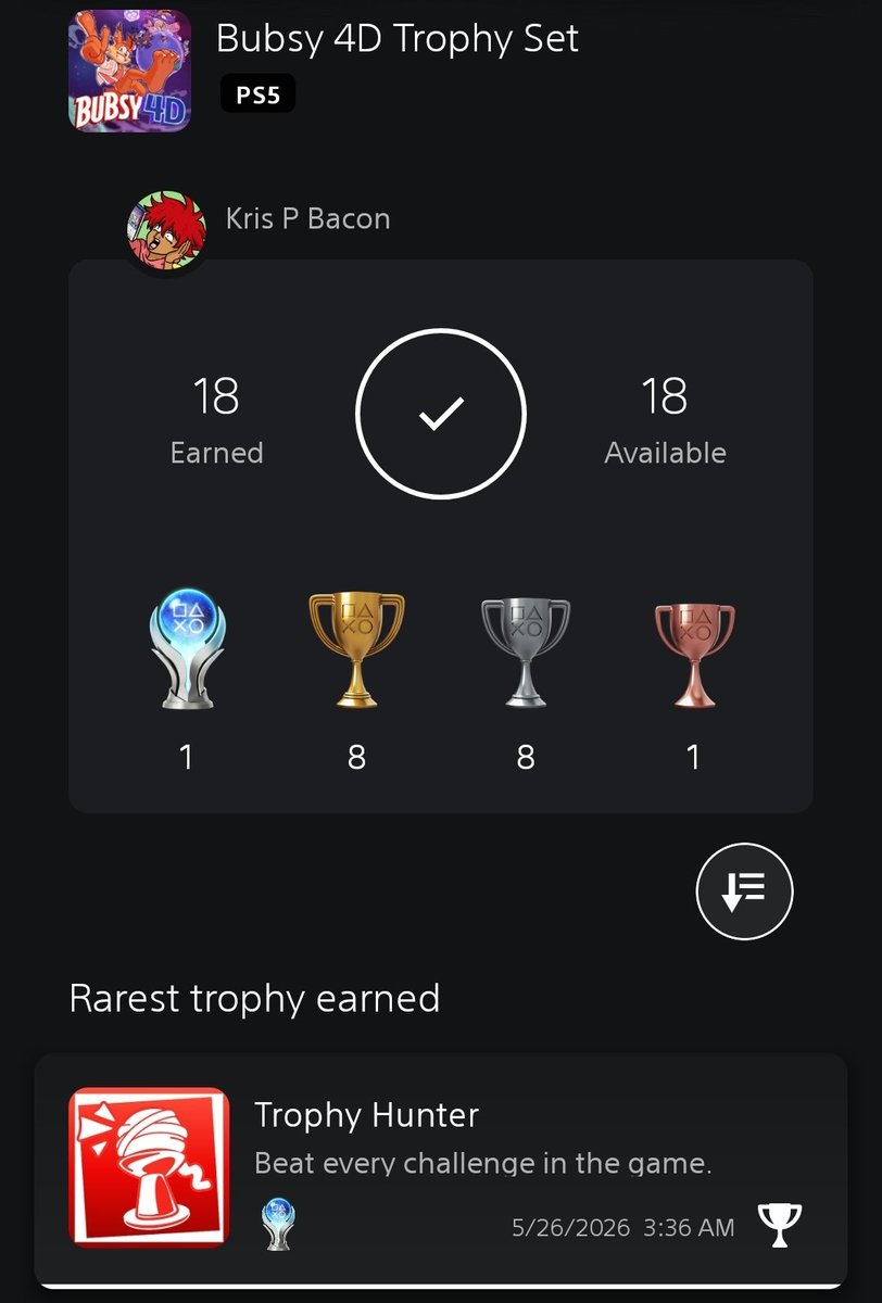 UnfocusedArtist's tweet photo. Bubsy 4D Platinum Obtained 
I was able to complete Nine Lives Mode on my first attempt
This was such a fun and unique game! I am going to play a lot more to try and get faster times in stages. Hopefully we will see more Bubsy in the future! Thanks @Fabrazz and @atari https://t.co/u2uk10gcO3
