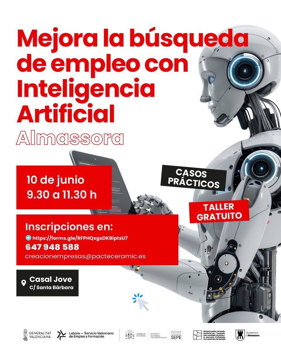 pacteceramic's tweet photo. 🤖 DESCUBRE LA IA

Taller práctico para conocer herramientas de Inteligencia Artificial 🚀

📆 10 de junio

🕒 9:30–11:30 h

✍🏻 Inscripciones en el enlace del perfil

Programa subvencionado por GVA Labora y el Ministerio de Trabajo y Economía Social #AvalemTerritori https://t.co/XbP4saEfPV