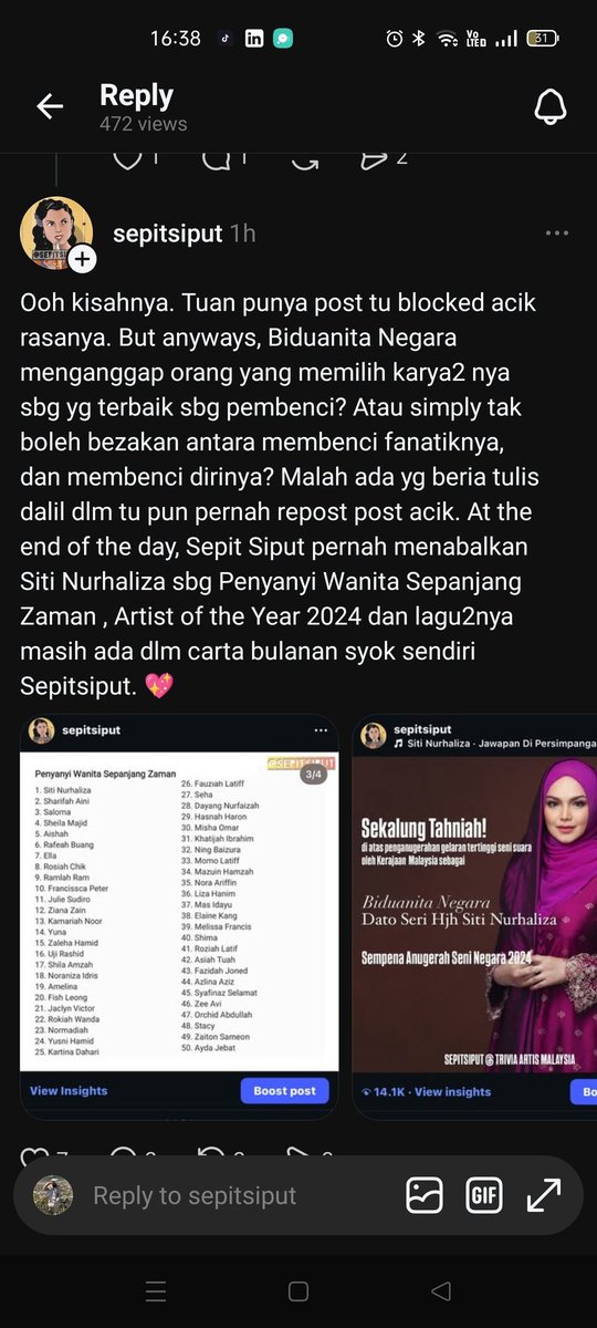IzatyMustaffa's tweet photo. Pandai sentap jugak rupanya, ingat pandai melahar je. Rilek la acik, orang tu ajak doakan kebaikan buat acik dan geng2 acik tu walaupun macam2 korang mengata dia. Dan jangan sebab kan korang pernah puji, itu memberi lesen untuk korang mengata lebih dasyat. Salam hari Arafah ☺️ https://t.co/Maz4Qq55j5