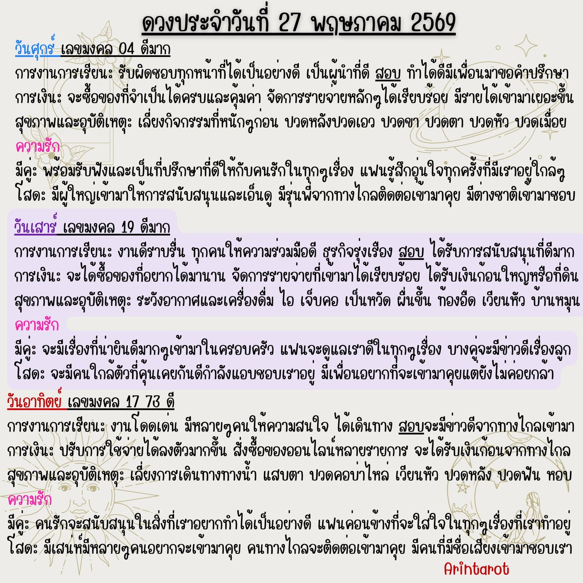 arintarot's tweet photo. 🏆 ดวงประจำวันที่ 27 พฤษภาคม 2569 🏆
#ดูดวง #ดูดวงไพ่ยิปซี​ ​​ #ดวงประจำวัน​ #สีมงคลประจำวัน   
#อรินทร์ไพ่ยิปซี​ Arintarot 💫 https://t.co/SifxjUR921