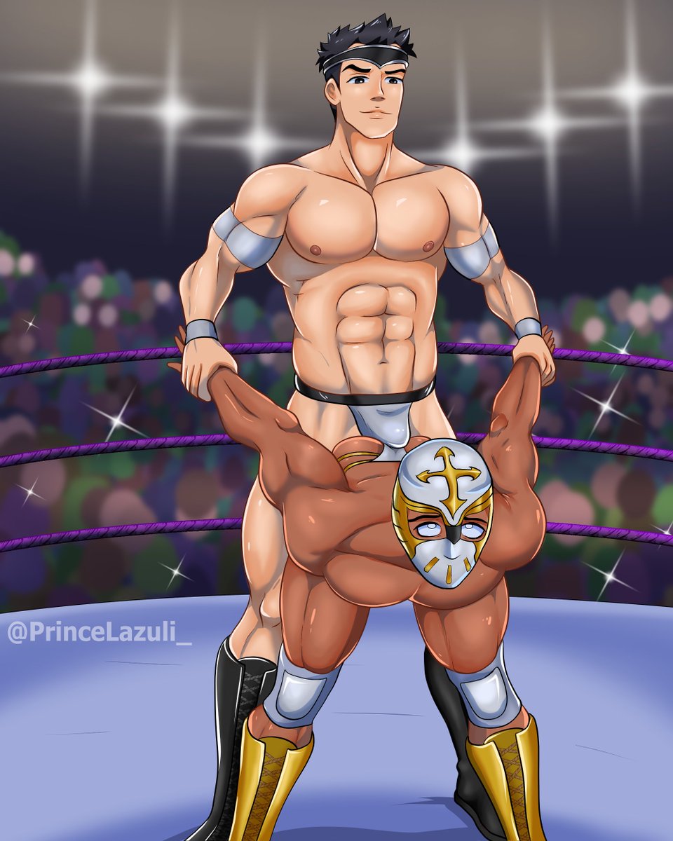 The_FlexFactory's tweet photo. Angelo's virtue is compromised in short order by Titano with a solid smack to the temple and put on display in a humbling &amp; salacious submission hold steering the holy (&amp; horny?) luchador face first into the corner post
 art by @PrinceLazuli_ https://t.co/ggWfB2vtKo