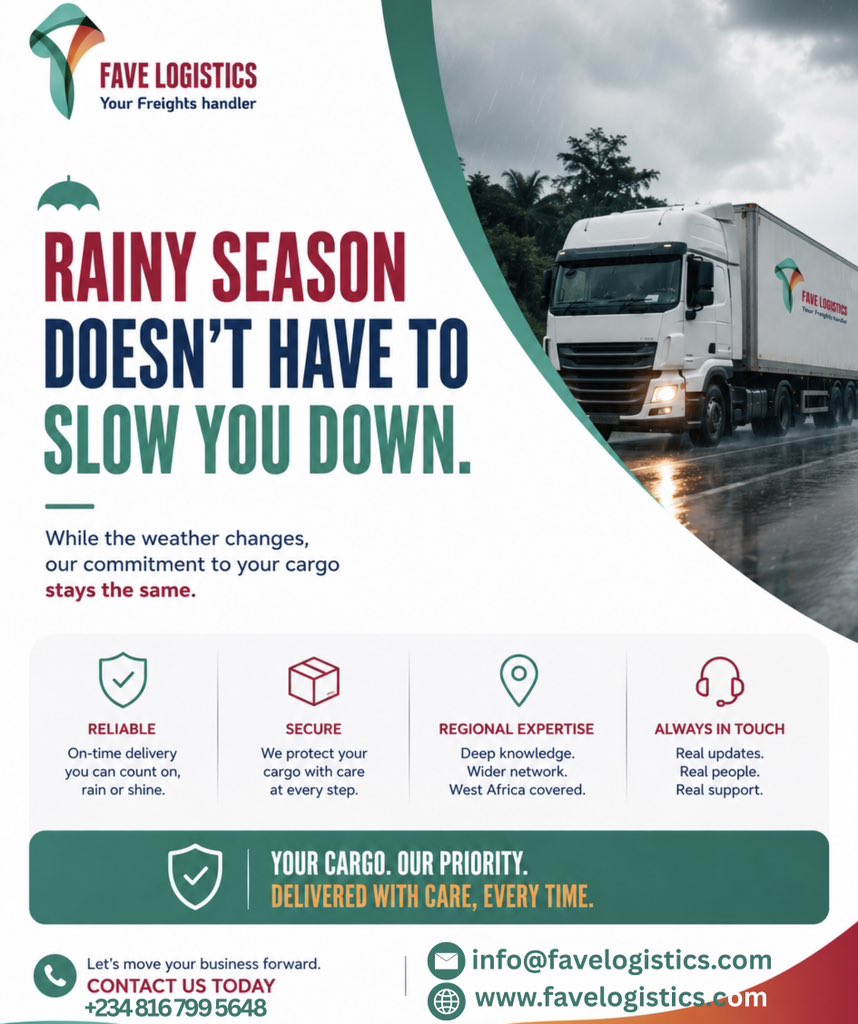 favelogistics_'s tweet photo. Across West Africa, roads may slow down. Weather may change. Ports may get crowded. But your cargo still needs to move safely, professionally, and on time, and that’s exactly what we offer. https://t.co/OCnXa8cxTH