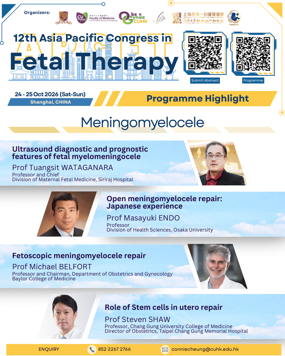 CuhkObg's tweet photo. #APCFT2026  ⚡️ #Programme_Highlight ⚡️ #myelomeningocele 
💎Submit Abstract: https://t.co/VZwheUfme3
🌟Learn More: https://t.co/LL7DuWtFiv
#cuhkobg https://t.co/Q1w9oV8mNA