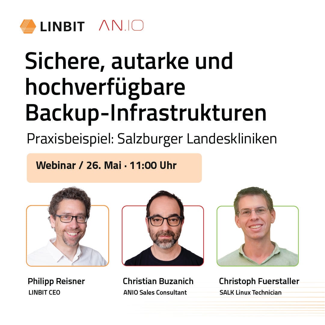 linbit's tweet photo. In 15 Minuten startet unser Webinar zu sicheren, hochverfügbaren Backup-Umgebungen. Gemeinsam mit ANIO und den Salzburger Landeskliniken - meld dich hier an: https://t.co/NOO1j0WJVA https://t.co/JEDt0ur99U