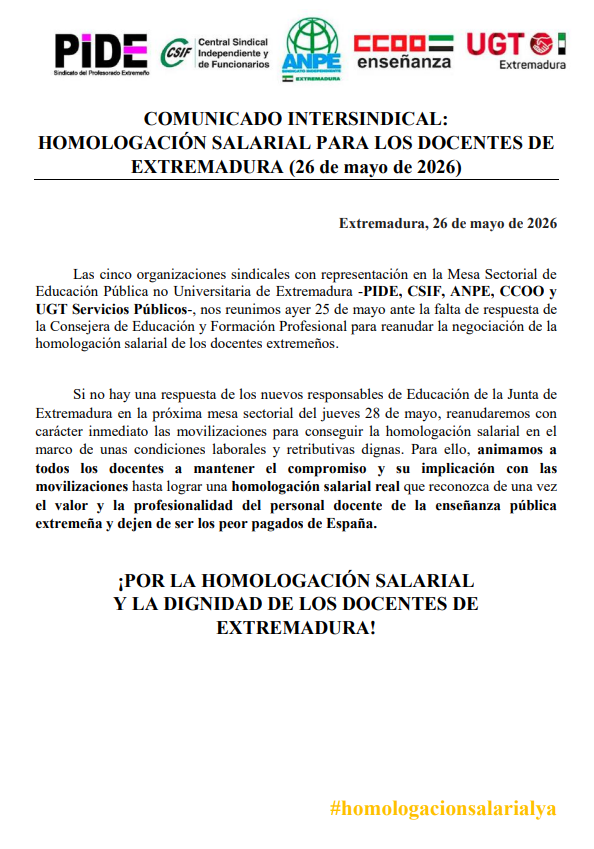 FECCOOex's tweet photo. 📌 FECCOO Extremadura informa: COMUNICADO INTERSINDICAL: HOMOLOGACIÓN SALARIAL PARA LOS DOCENTES DE EXTREMADURA. https://t.co/CjoIk9zvsH https://t.co/NFbcZkwpNJ