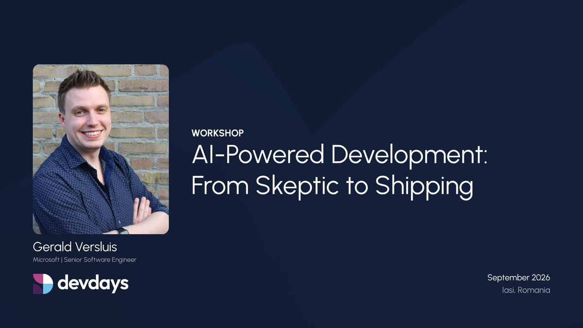 devdaysconf's tweet photo. “AI doesn’t work for me.”

Many engineers still feel that way after trying AI coding tools.

@jfversluis is here to change that.

Go from “AI doesn’t work for me” to shipping software with AI as your co-pilot.
-> https://t.co/NjzxifQalv

#devdays #UnstackedEngineering #Workshop https://t.co/pJcF5Oy8c9