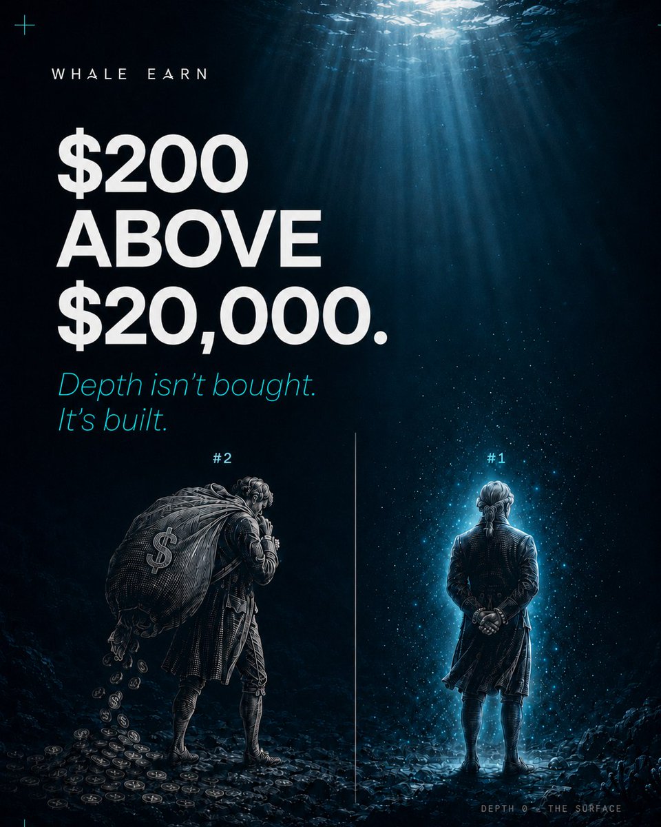 EarnWhale's tweet photo. Most leaderboards work the same way - the biggest wallet wins. Everyone else watches from the bottom and pretends they don't care. That's not competition. That's a wealth display...

The Whale Earn leaderboard measures something different.

XP is earned through daily activity - logins, quests, chests, consistent staking, referrals that actually participate. And here's where it gets interesting.

Someone with $200 who shows up every day and completes every quest can rank above someone with $20,000 who deposited once and disappeared.

$200 above $20,000.

Not because the system is broken. Because the system is honest. 🎯

Two leaderboards run simultaneously:
- Individual ranking by personal XP acros all participants
- Team ranking by combined group depth

The top positions don't go to the wealthiest. They go to the most committed. 🌊

When was the last time a financial platform gave everyone that kind of chance?