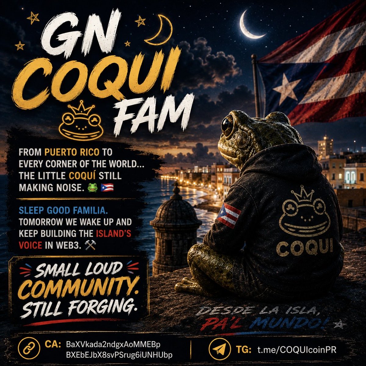 COQUICOINPR's tweet photo. GN COQUI fam 🌙🐸🇵🇷

From Puerto Rico to every corner of the world…
the little coquí still making noise. 🔥

Sleep good familia.
Tomorrow we wake up and keep building the island’s voice in Web3. ⚒️

Small loud community.
Still forging.

CA: BaXVkada2ndgxAoMMEBpBXEbEJbX8svPSrug6iUNHUbp
TG: https://t.co/LcKw1rr5qO