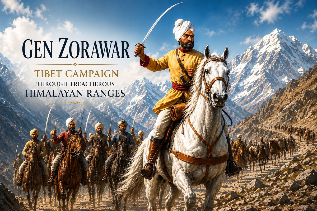 Jkra_Group's tweet photo. May 1841 — The Himalayas witnessed one of history’s fiercest military marches. ⚔️🏔️
General Zorawar Singh led Jammu and Kashmir State Forces of 10,000 Dogra, Ladakhi & Balti warriors deep into Western Tibet, capturing forts from Rutog to Taklakot and reaching the sacred Mansarovar.
Fighting brutal cold, thin air & extended supply lines, the campaign became a timeless saga of courage, endurance and mountain warfare.
#ZorawarSingh #DograHistory #MilitaryHistory #TibetCampaign