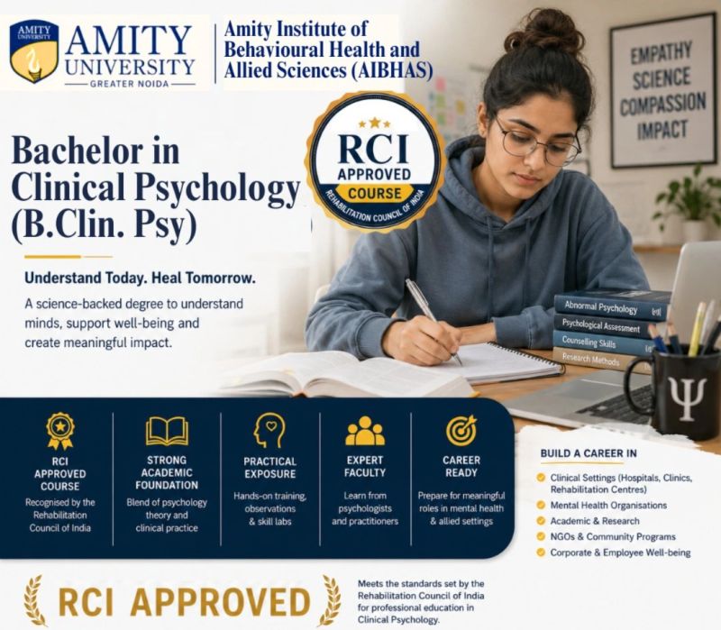gnamity's tweet photo. 🧠 Heal Minds. Shape Futures. Become the Difference. ✨

🎓 Admissions Open for RCI Approved Bachelors in Clinical Psychology (B.Clin. Psy) at Amity Institute of Behavioural Health and Allied Sciences (AIBHAS), Amity University Greater Noida.

📌 Apply Now 
#ClinicalPsychology https://t.co/2k8Fa4yH79