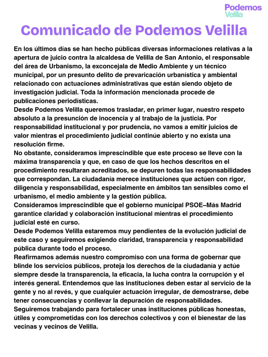Podemos_Velilla's tweet photo. Como partido político que defiende de manera los intereses vecinales, desde #Podemos #Velilla compartimos nuestra postura oficial exigiendo total transparencia ante las informaciones judiciales publicadas sobre el gobierno local.

#velilladesaantonio #velilla https://t.co/4xE7MX5N9q