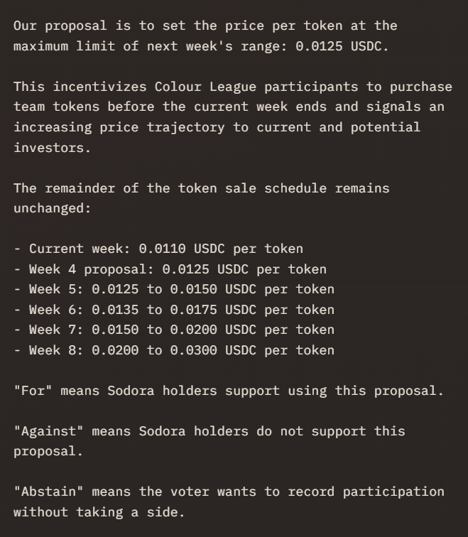 SodoraOfficial's tweet photo. New poll launched on https://t.co/MKj9Ha29Gp.

Proposal: set Week 4 Team Token sale on @ColourLeague at 0.0125 USDC per token, a 13.64% increase compared to the current week.

Voting opens in 8 hours. Delegate your Sodora tokens before the poll opens. https://t.co/MtZomFTmjd