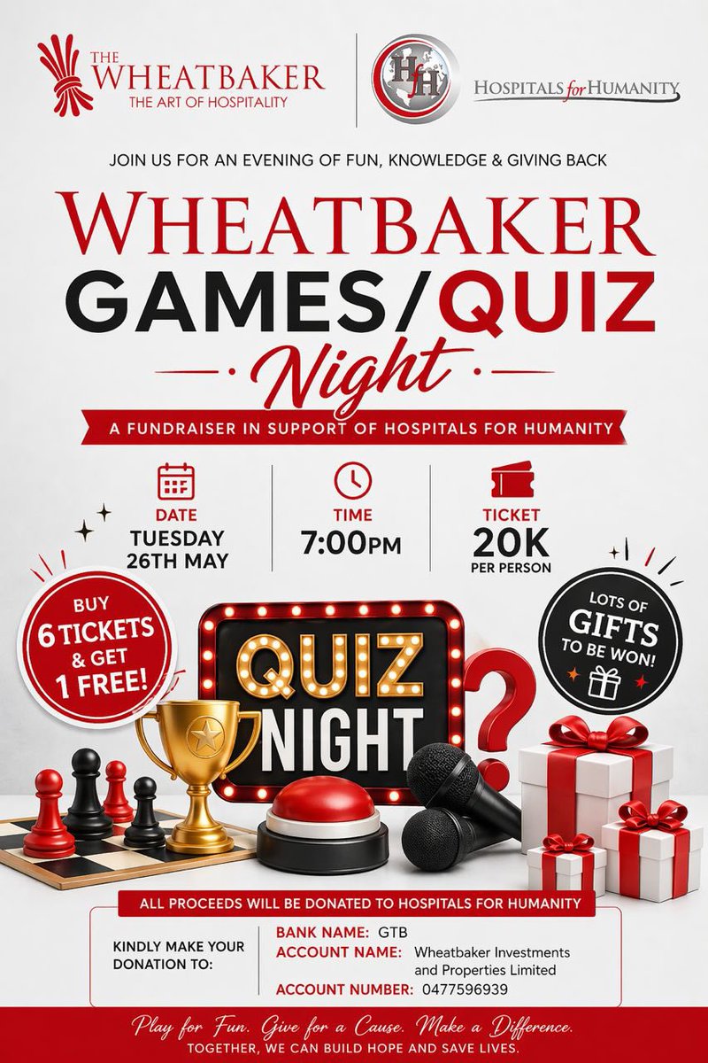 TheWheatbaker's tweet photo. Tonight is the night! 

Let’s play for fun, give for a cause, and create impact together. See you this evening! 

#Wheatbaker #QuizNight #GamesNight #IkoyiEvents #Fundraiser #HospitalsForHumanity #GiveBack #CharityEvent #DoGood #MakeADifference #FunWithPurpose #SupportACause https://t.co/sMotbch7TP