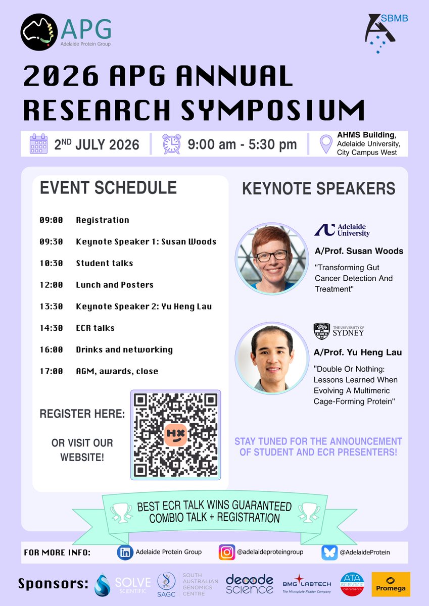 AdelaideProtein's tweet photo. We’re excited to welcome our keynote speakers:
🔹 A/Prof. Susan Woods (Adelaide University) 
🔹 A/Prof. Yu Heng Lau (The University of Sydney)

Abstract submissions open now!
🏆 Best ECR Talk wins guaranteed COMBIO talk + registration!

Stay tuned for future announcements! https://t.co/a6Zlm9ZoG2