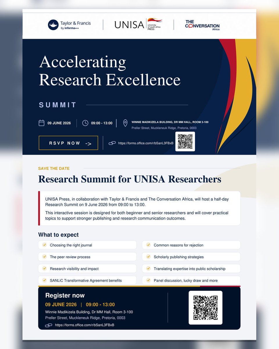 press_unisa's tweet photo. UNISA researchers: Join the Accelerating Research Excellence Summit on 9 June, 09:00-13:00,  Dr MM Hall. Topics: publishing strategies, peer review &amp; research visibility.
RSVP: https://t.co/LKqpWUbN54
#UnisaPress70Years #TaylorAndFrancis https://t.co/R8lpu2Hb7i