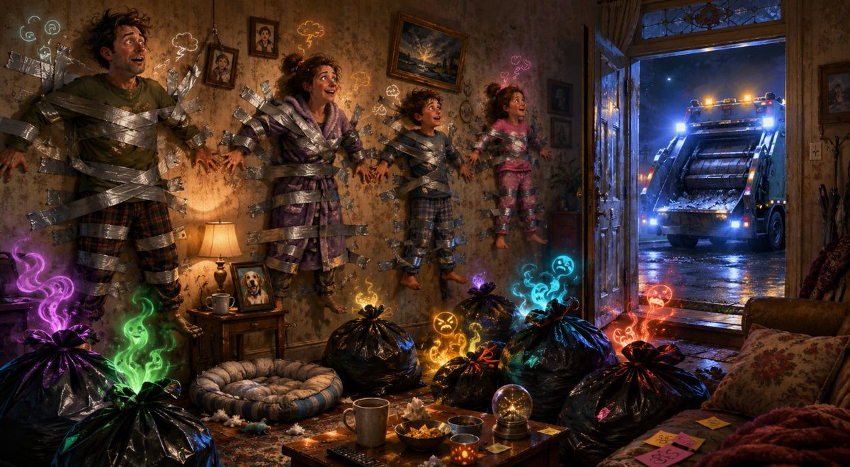CosmosFictions's tweet photo. — Chéri, je t'aime, me lança Olga.
— Quoi ? Pourquoi ? Tout va bien ? 
— Les éboueurs ne passent pas demain. C'est la grève.
L'effroi me glaça.

— Les enfants ! Papa et maman vous aiment ! Rappelez-vous-en bien !

Depuis l'instauration du ramassage de poubelles émotionnelles, le service était vital. 
Chaque lundi, on y déversait nos tracas et nos rancœurs. 
Plus de disputes, plus de drames.
Mais sans collecte, c'était l'explosion. 
Nous regrettions tous Peluche, le chien, sacrifié lors de la dernière grève.
Nous décidâmes de nous scotcher préventivement aux murs du salon.
Dès le troisième jour, la tension monta.
— Tenez bon ! ordonnai-je aux gosses, saucissonné au placo. 
— Tais-toi, cracha Olga. Tu ne débites que des conneries. 
— Ouai ! Ta gueule, papa ! renchérit Olga Junior.

L'envie de les étriper me rongeait ; j'avais complètement oublié que je les aimais.

Alors qu'Olgo Junior, ayant rongé son ruban adhésif, allait chercher la tronçonneuse, un miracle retentit : le tintement de la benne.

— Ils sont là !

Dans une frénésie sauvage, nous nous ruâmes dans la rue pour vider nos sacs dans la broyeuse municipale. Le soulagement fut immédiat. 
Nous nous embrassâmes sur le trottoir.

Qu'est-ce qu'on s'aimait, finalement. 
Notre bonheur ne tenait qu'à une gestion rigoureuse des déchets.