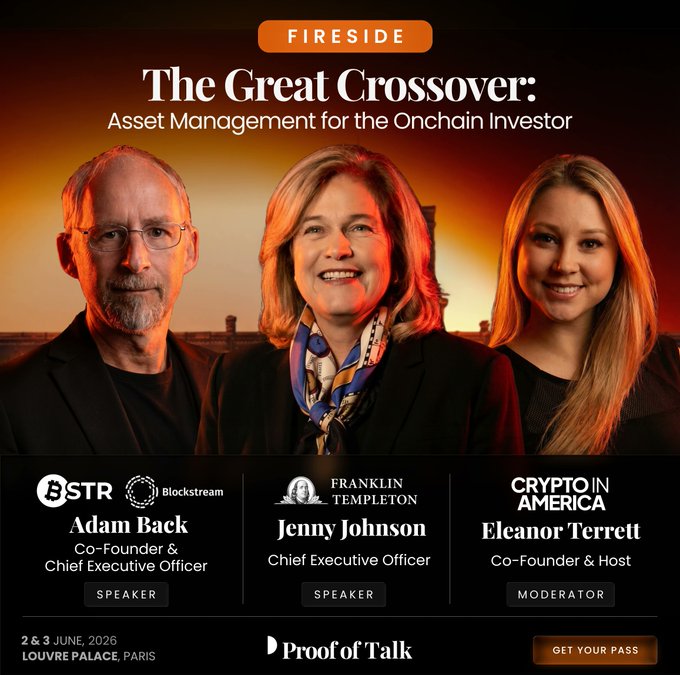 Blockstream's tweet photo. The line between traditional asset management and Bitcoin infrastructure is narrowing fast.

Our CEO @adam3us joins Jenny Johnson, CEO of @FranklnTempletn, on the Main Stage at @proofoftalk on asset management for the on-chain investor.

Moderated by @EleanorTerrett. June 2, 10:10 CET, Louvre Palace, Paris.