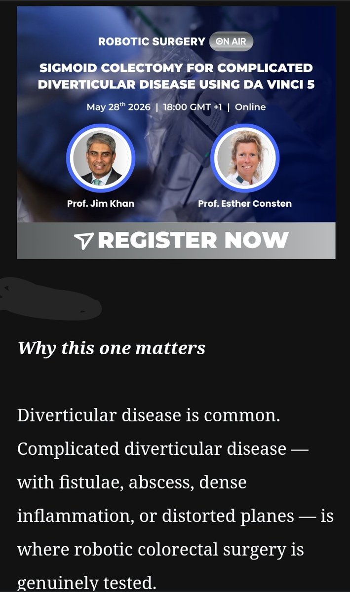 PColorectal's tweet photo. Join us LIVE for a robotic sigmoid colectomy using the new #DaVinci5 platform.
Advanced colorectal surgery. Real-time expert insights.
@JimkhanMD 
@robotics_on_air 
@EstherConsten 
@ACPGBI 
@escp_tweets 
@BASO_ACS 
@ESSOnews 
@Dukes_Club https://t.co/SeXU8mrhSI