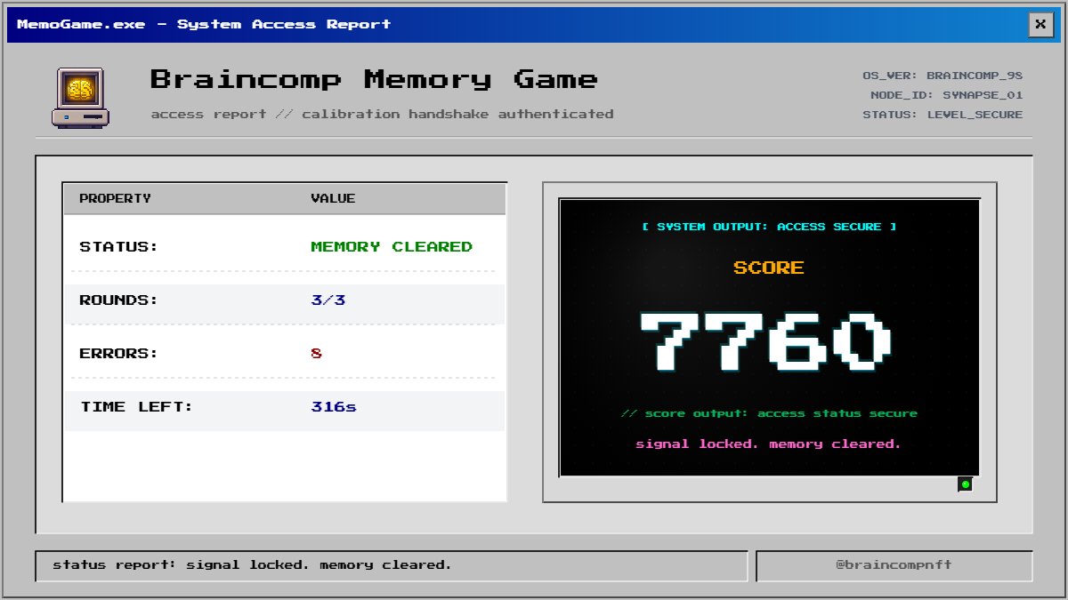 itsmefrend's tweet photo. I cleared the braincomp Memory Game.

score: 7760
rounds: 3/3
errors: 8
status: memory cleared

signal locked. memory cleared.

@braincompnft https://t.co/EtGTcPYLrY