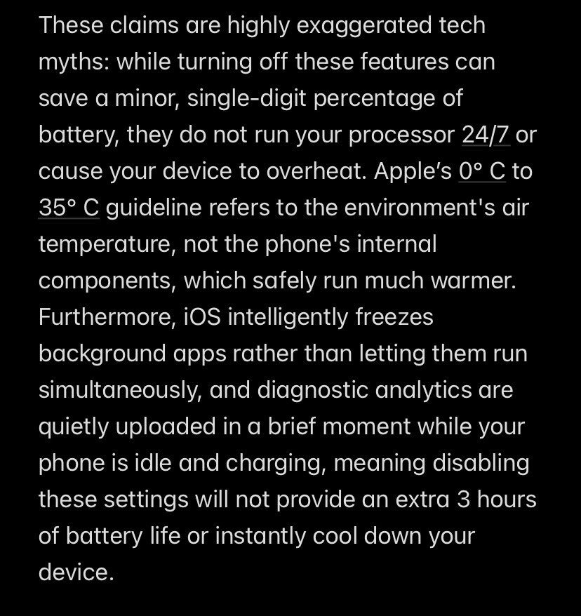 BkLiveWire's tweet photo. If your phone is actually running hot or losing hours of battery life, it is almost always caused by a specific rogue app stuck in a loop, a physically degrading battery, high screen brightness, or using the phone in direct sunlight—not these basic system settings. https://t.co/0WfhoonQMl