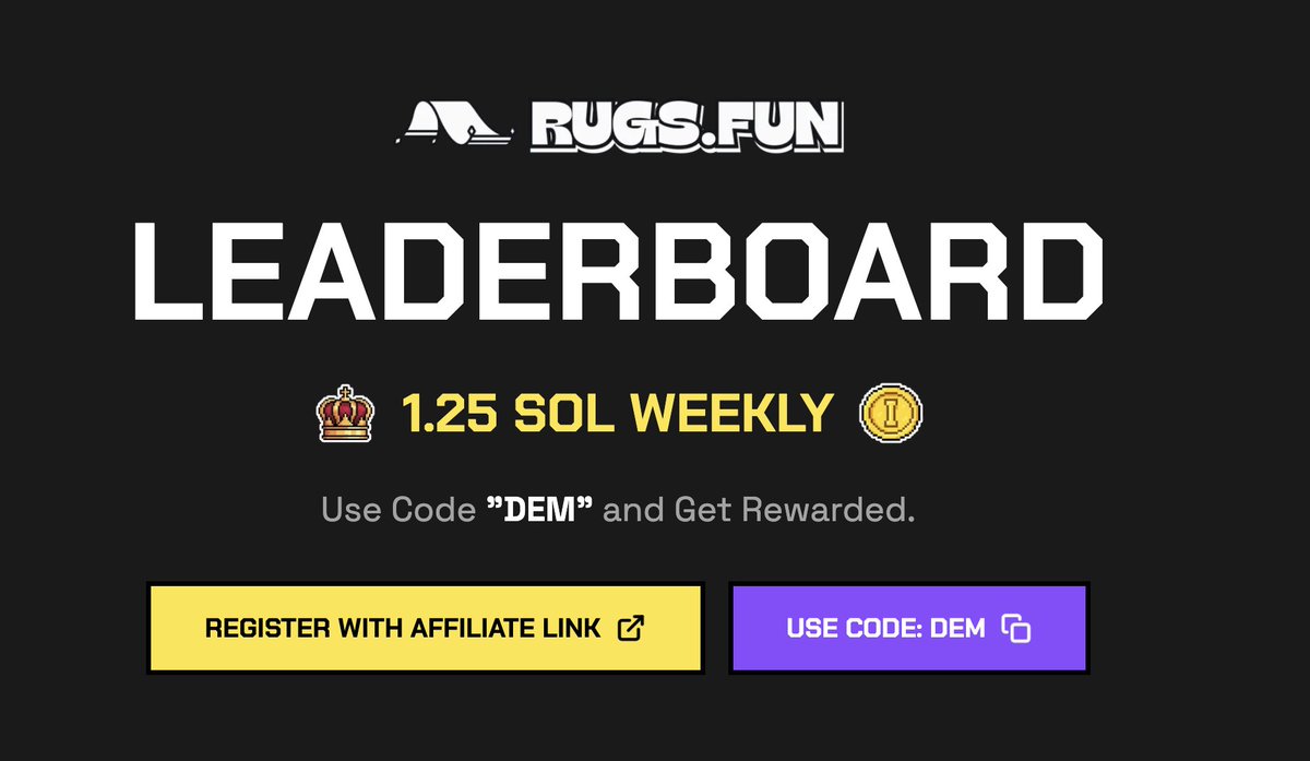 Demaux's tweet photo. NEW @RugsDotFunX_ Leaderboard is LIVE! 🎁

1.25 $SOL Weekly LB Giveaway

BONUS: RT, Like and join 0.5 SOL giveaway (Comment) 👇 https://t.co/c4ZNVknEJq