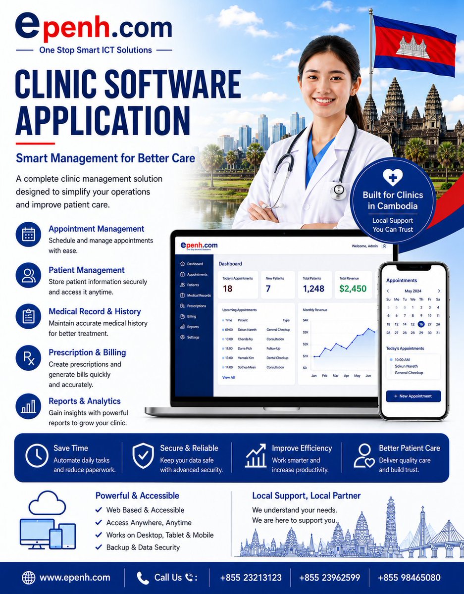 epenhcom's tweet photo. ✅Empower Your Clinic with E Penh Co., Ltd - ក្រុមហ៊ុន អ៊ី ពេញ ខូ អិលធីឌី

🔸Start today !! Request for Demo🤝

https://t.co/WCh3i10UEv
Call Us ☎️: +855 98465080
.
#epenh #phnompenh #cambodia #hospitalmanagementsoftware #healthcare https://t.co/uaQFxUPDmm