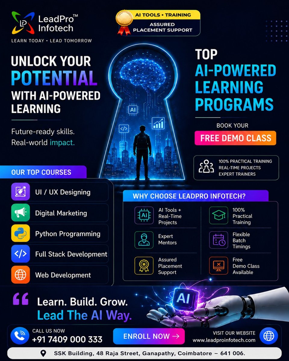 leadproinfotech's tweet photo. 🚀 Learn UI/UX, Full Stack Development, Digital Marketing, Python, and Web Development with expert training, real-time projects, and placement support

📞 Call Now: +91 7409 000 333
🌐 https://t.co/vk9iiloNun

#LeadProInfotech #DigitalMarketing #UIUXDesign #FullStackDevelopment https://t.co/0Vng3ARX0D