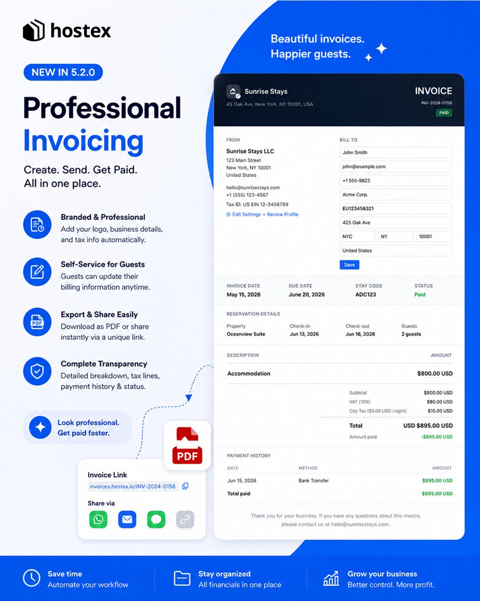 HostexApp's tweet photo. Hostex 5.2.0 — The Better Financial Tool for Vacation Rental Hosts.

✔ Unique invoice links
✔ Editable guest billing details
✔ Real-time payment status
✔ Full payment history
✔ PDF export &amp; printing
✔ Automatic tax calculations

🏡 All-in-one hosting tool for just $4.9/mo https://t.co/oyp58kmqhZ