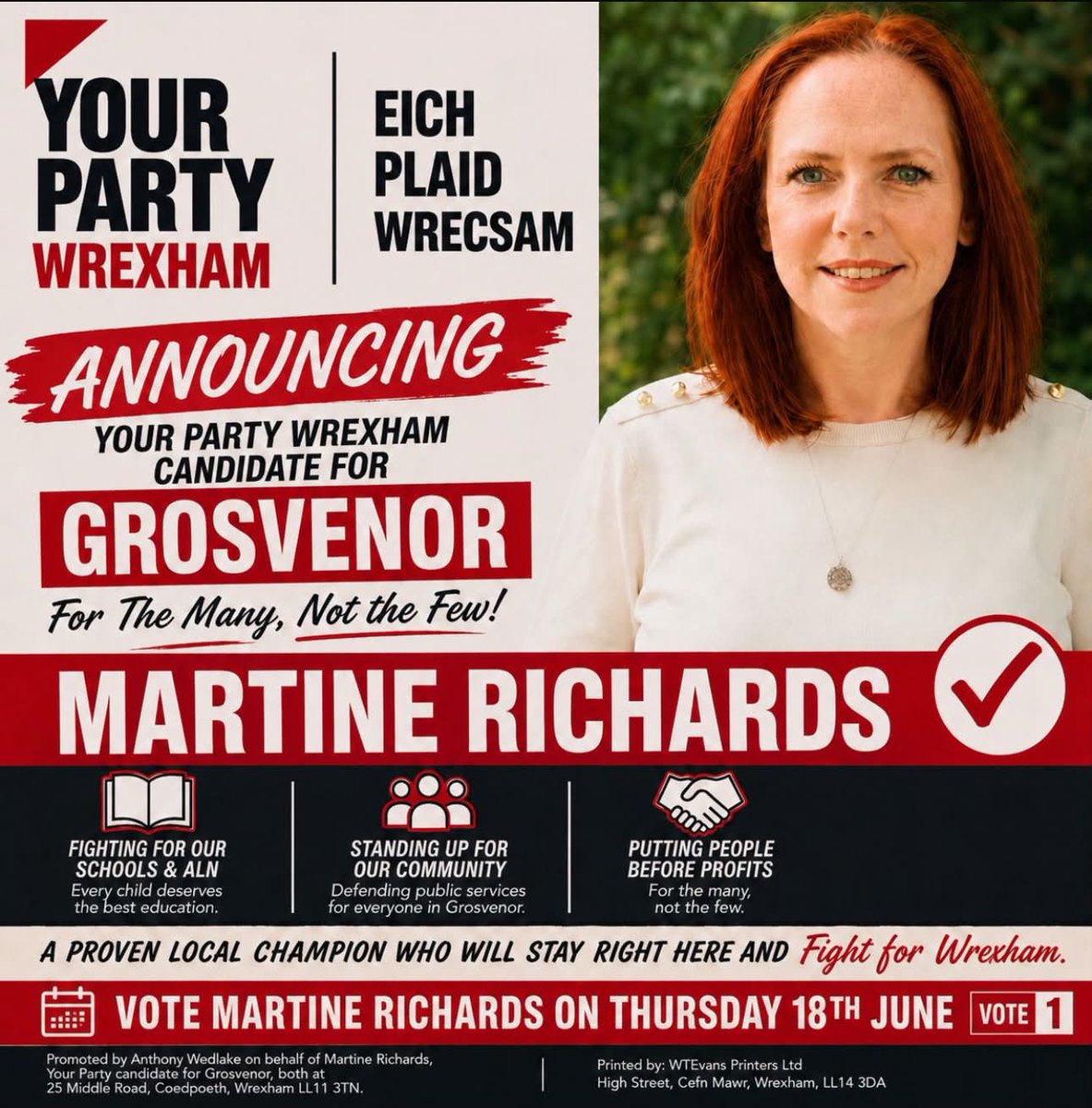 YPWrexham's tweet photo. YOUR PARTY WREXHAM is proud to announce MARTINE RICHARDS as our candidate for Grosvenor.

On Thursday 18th June, vote for a strong local voice that will stay and fight for Wrexham.

Vote MARTINE RICHARDS — For the many, not the few.
#Wrexham #Grosvenor #Wales https://t.co/ZpbrGDlVHX