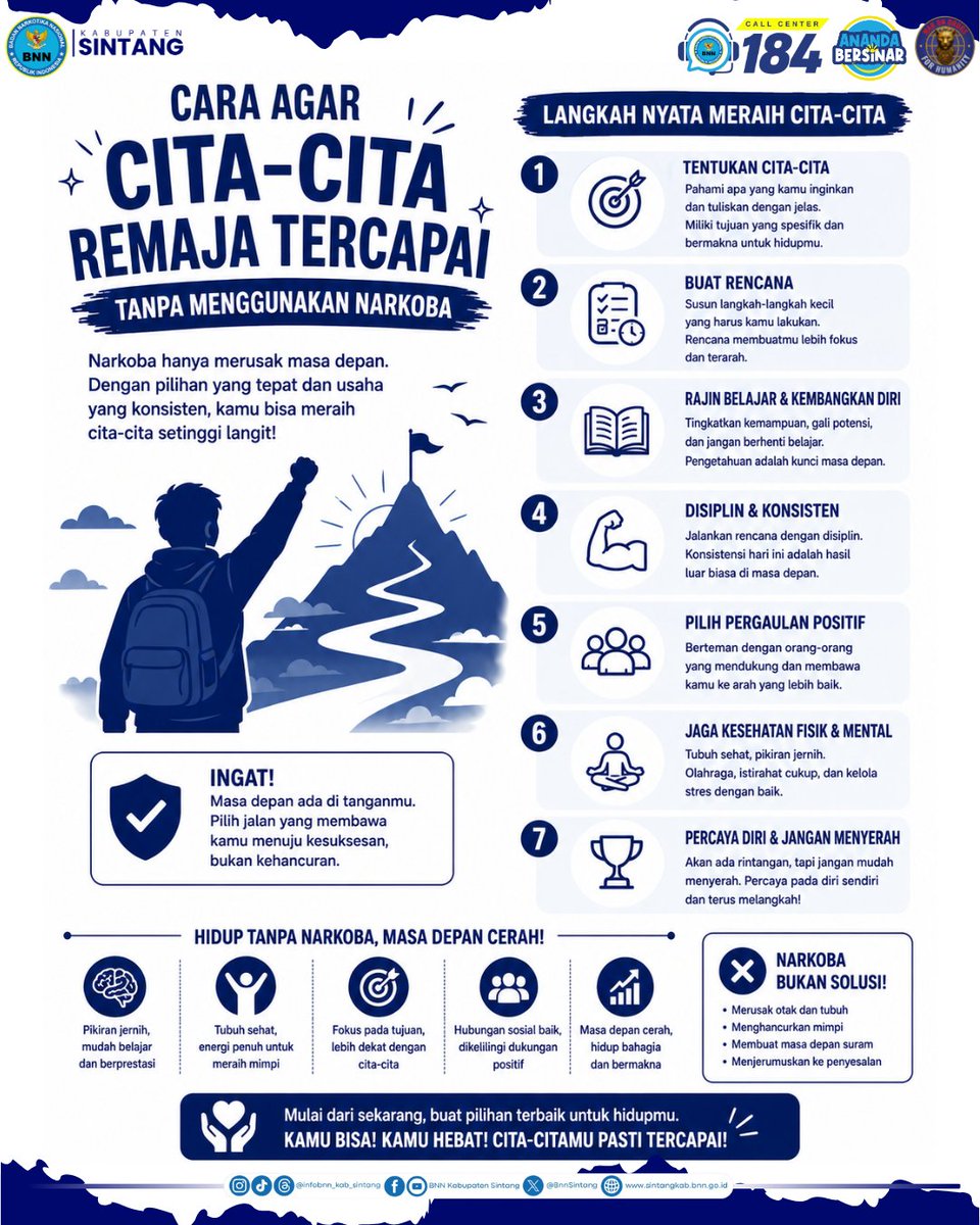 BnnSintang's tweet photo. Cara agar Cita-Cita Remaja Tercapai Tanpa Mengguanakan Narkoba !

Narkoba hanya akan merusak masa depan remaja. Dengan pilihan yang tepat dan usaha yang konsisten, kamu bisa meraih cita-cita setinggi langit.

Narkoba bukan Solusi untuk mencapai cita-cita ! https://t.co/p2oT2lMYNU