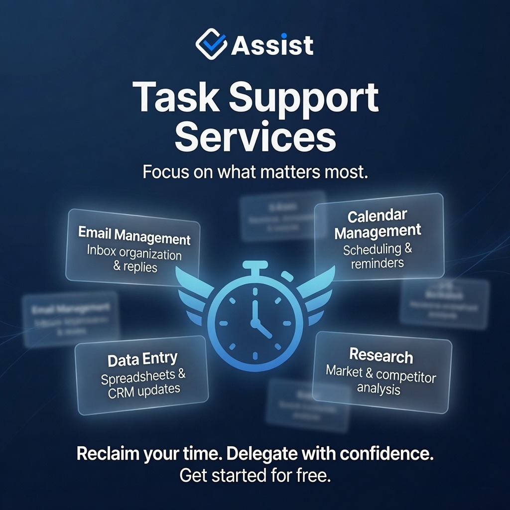 ReadyToAssist's tweet photo. Tired of drowning in emails, admin tasks, scheduling chaos &amp; research?

Let our team at Assist handle it all — Email Management, Calendar Scheduling, Data Entry &amp; Market Research, and much more.

Reclaim your time. Focus on growth. Get started for free.