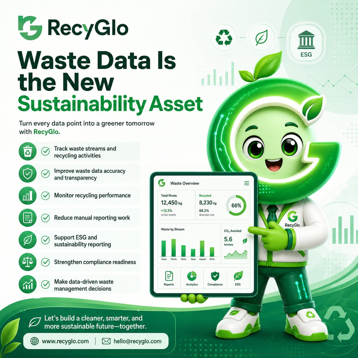 RecygloW's tweet photo. Waste data is becoming a valuable sustainability asset for businesses in Singapore.

With RecyGlo, companies can track waste streams, improve transparency, support ESG reporting, and make smarter sustainability decisions. https://t.co/H3M9UIZZlP