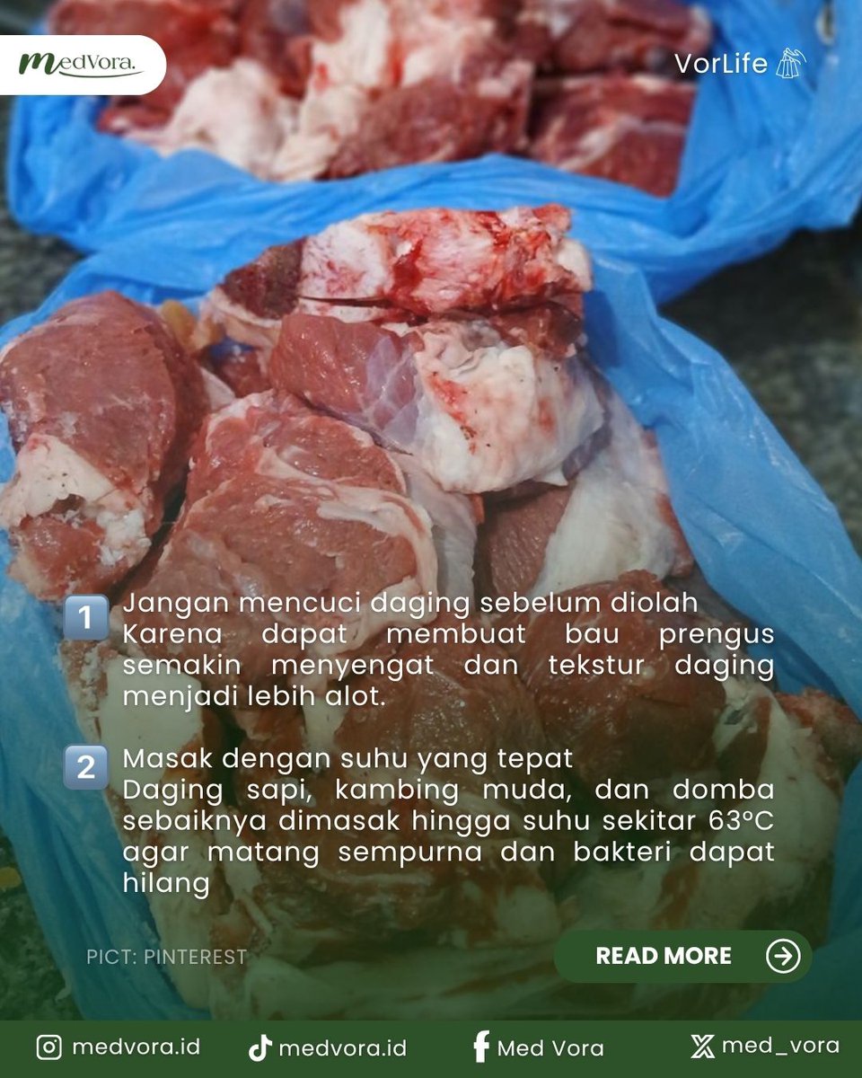 Med_Vora's tweet photo. Iduladha identik dengan berbagai olahan daging kurban yang jadi favorit banyak orang. Namun, cara mengolah daging ternyata juga perlu diperhatikan agar tidak amis, alot, dan tetap nyaman dikonsumsi.
source: halodoc
#MedVora #Lebaran #Iduladha #DagingKurban #TipsMasak https://t.co/YuXvD675Jq