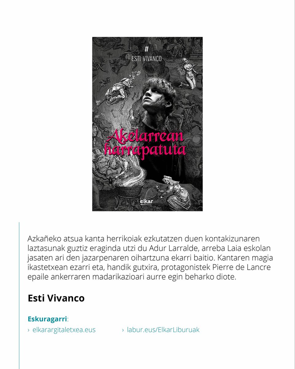 ElkarArgitaletx's tweet photo. 📖 AKELARREAN HARRAPATUTA - Esti Vivanco
 
Azkañeko atsua kantak ezkutatzen duen kontakizunak guztiz eraginda utzi du Adur Larralde, bere arreba pairatzen ari den jazarpenaren oihartzuna ekarri baitio.
 
🔗 Informazio gehiago https://t.co/NneDmR06bb -en. https://t.co/F9UrVjIrmQ