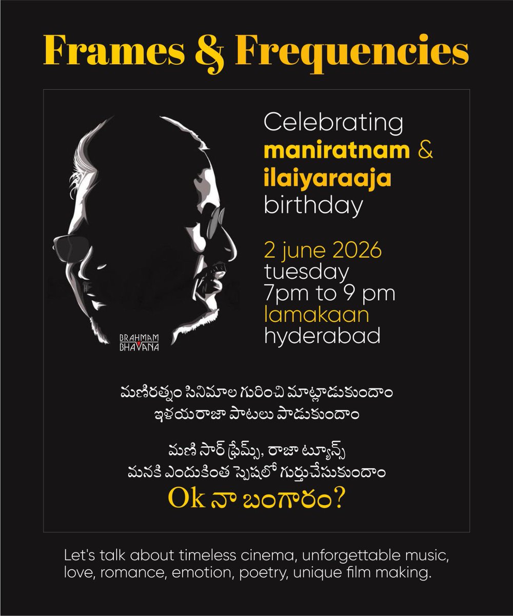 akhila_author's tweet photo. రోజులో ఒక్కసారైనా ఏదో ఓ రకంగా ఇద్దర్నీ తలచుకుంటాం.
మరి వాళ్ళ పుట్టినరోజు నాడు వాళ్ళ గురించి మాట్లాడకపోతే ఎలా?

70 ఏళ్ల 'యువ' ఫిలిం మేకర్ మణిరత్నం
82 ఏళ్ల స్వర 'మహర్షి ' ఇళయరాజా birthday spl గా కలుద్దాం. 
జామ్ జామ్మని ఓ జామ్ సెషన్ తో రాజా పాటలు పాడుకుందాం. 😍 
కేసు వేయకుండా ఆయనతో మా టీం మాట్లాడే పనిలోనే ఉంది. 😆
All are welcome 🤩🤩🤩
On June 2
Evening 7-9pm 
At Lamakaan
#Maniratnam #Ilayaraja Frames&Frequencies