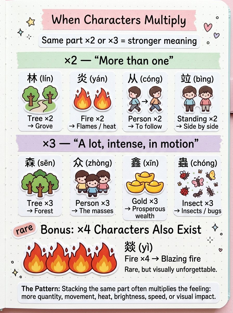 chinese_s_d's tweet photo. Some Chinese characters don’t explain more.

They just add more.🔥🔥

A second piece feels like a clue.
A third piece starts to feel like a crowd.🌲🌲🌲

Chinese can be surprisingly visual once you stop treating every character like a random drawing.✨

[Word List]
• 林 (lín) — Tree ×2 → Grove
• 炎 (yán) — Fire ×2 → Flames / heat
• 从 (cóng) — Person ×2 → To follow
• 竝 (bìng) — Standing ×2 → Side by side
• 森 (sēn) — Tree ×3 → Forest
• 众 (zhòng) — Person ×3 → The masses
• 鑫 (xīn) — Gold ×3 → Prosperous wealth
• 蟲 (chóng) — Insect ×3 → Insects / bugs
• 燚 (yì) — Fire ×4 → Blazing fire