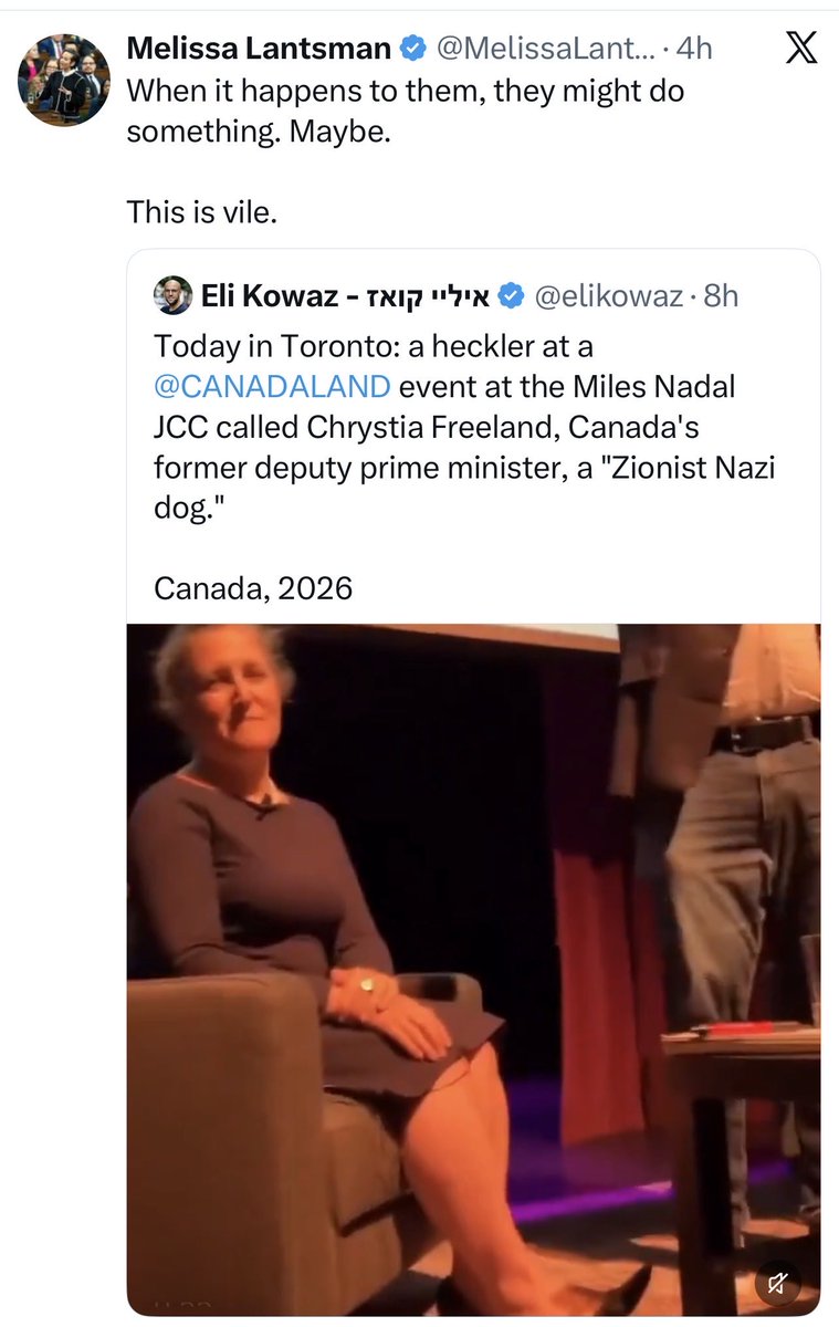 peoplespca's tweet photo. “Israel First” CPC Deputy Leader @MelissaLantsman is now running cover for Chrystia Freeland?

The Liberals. The Conservatives. Same globalist uniparty. Same foreign-first agenda. Same contempt for ordinary Canadians.

They don’t oppose each other. They take turns managing the decline.