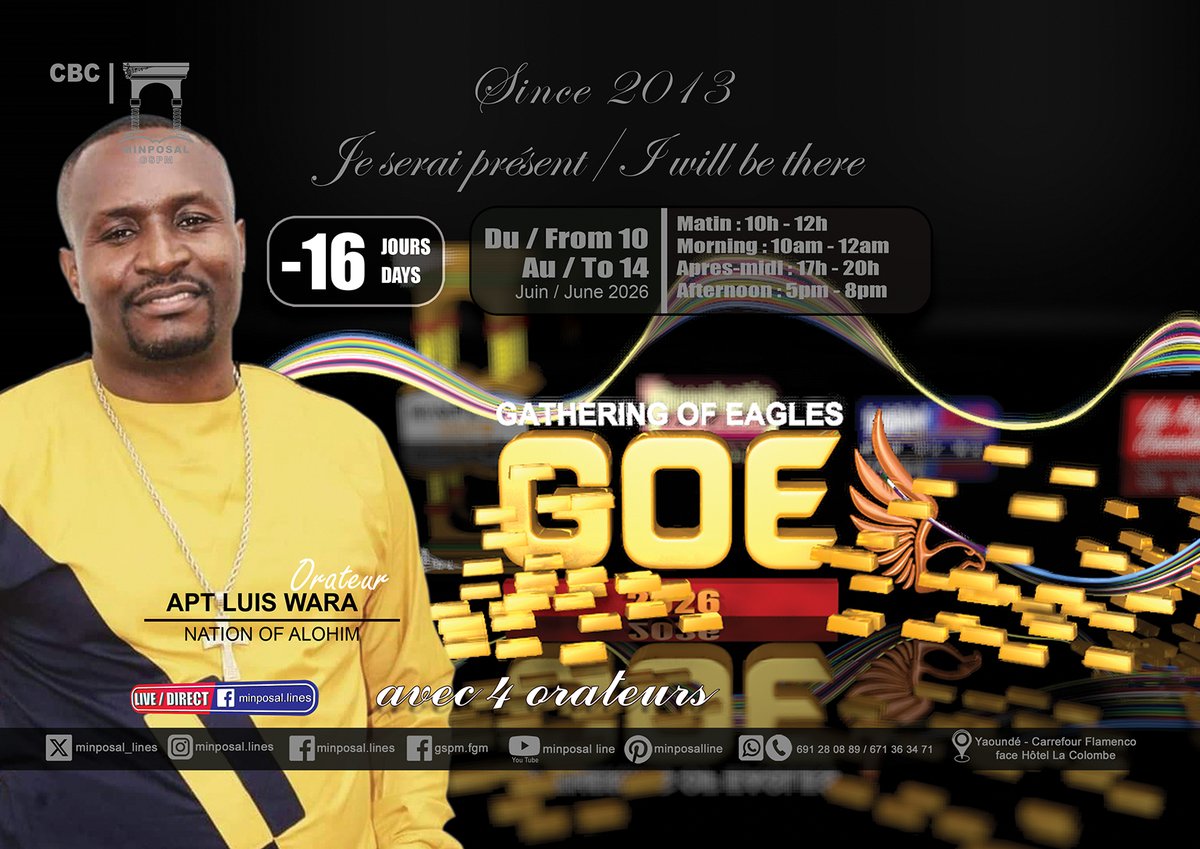 minposal_lines's tweet photo. #GATHERING OF #EAGLES FROM 10 TO 14 JUNE 2026 / #RASSEMBLEMENT DES #AIGLES DU 10 AU 14 JUIN 2026 #gospel #Evangelio #Evangile #salut #salvation #Jesus #Christ #christianity #chretien #prophetic #Nation #gloire #glory #exposition #briller #planter #shine #Destinee #destiny https://t.co/ieQ9PCfGEQ